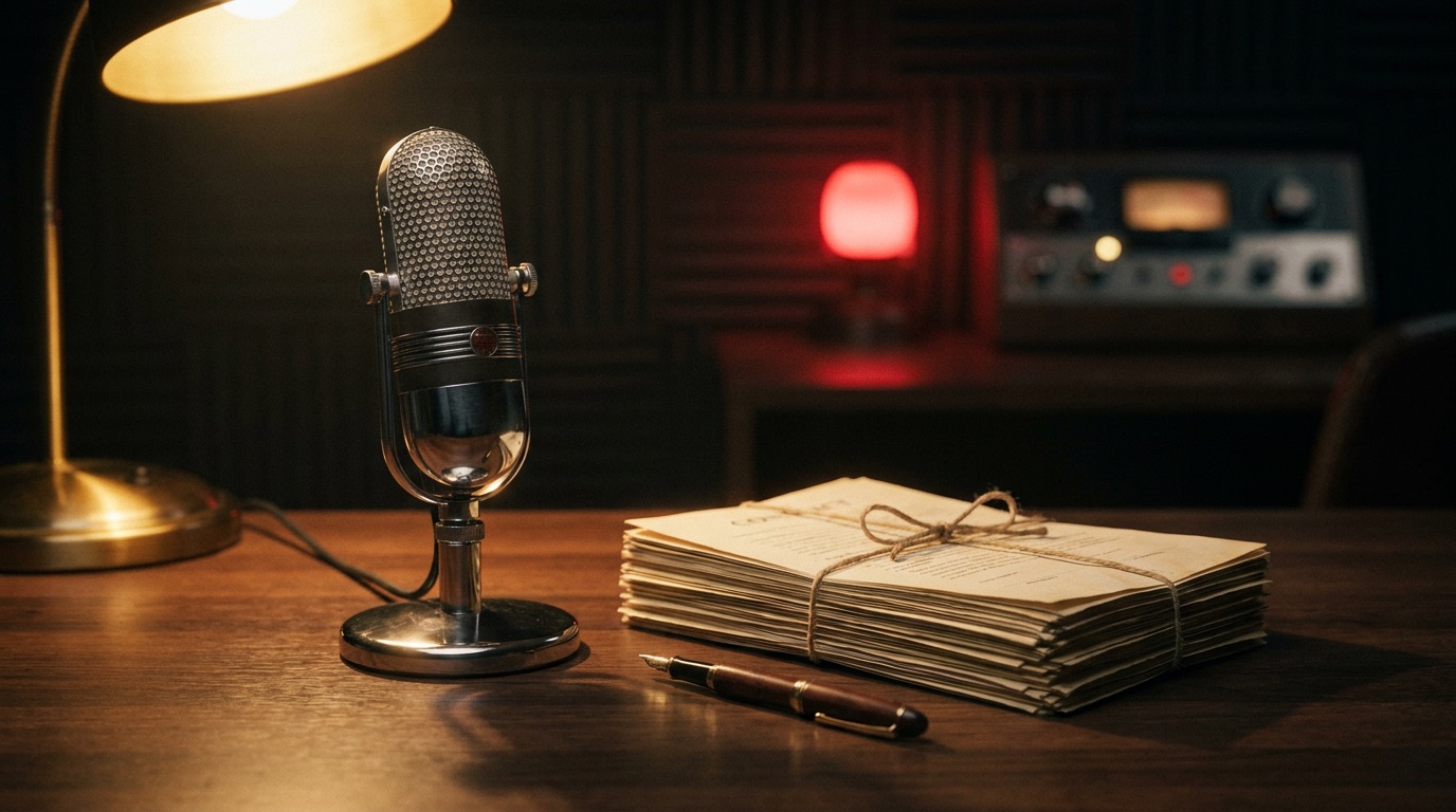 Legal issues in radio ad production: broadcast microphone beside signed contracts on a desk