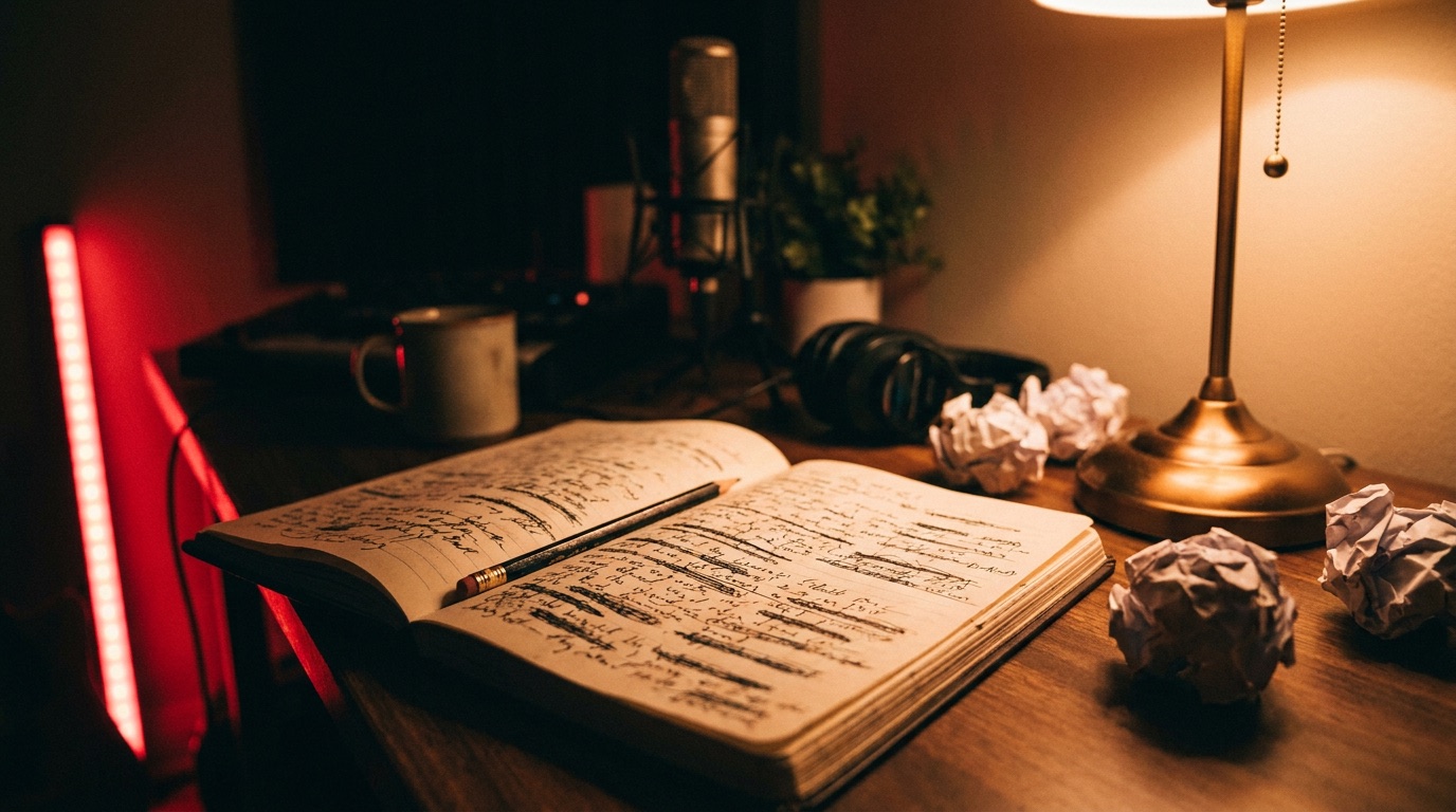 Writing a jingle: songwriter notebook with crossed-out lyric drafts beside a studio microphone
