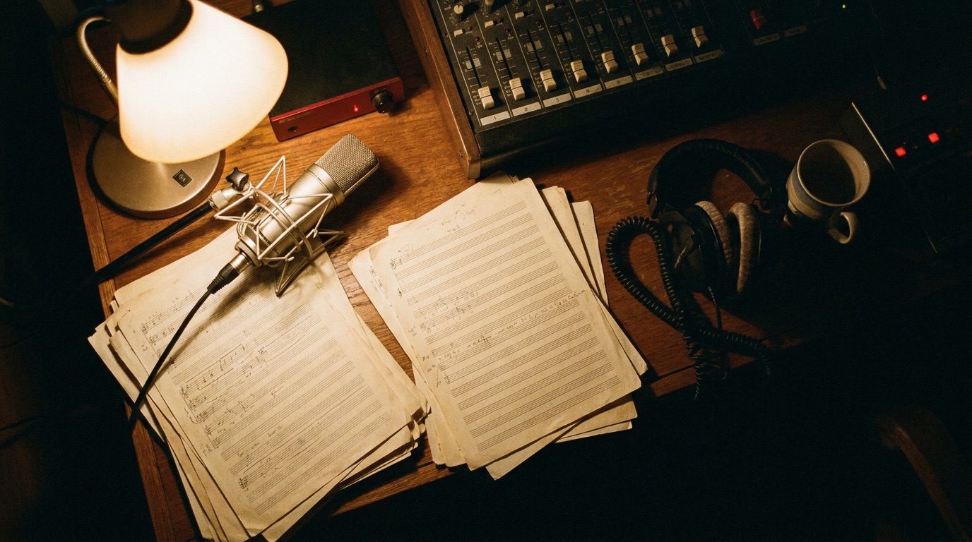 Jingle production workspace with music notation sheets, studio microphone, and mixing console
