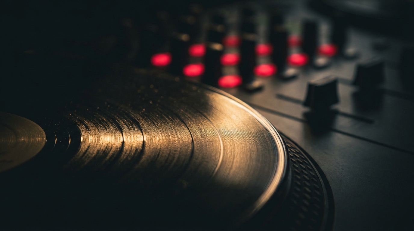 Music selection in radio advertising: vinyl record grooves beside a mixing console fader bank