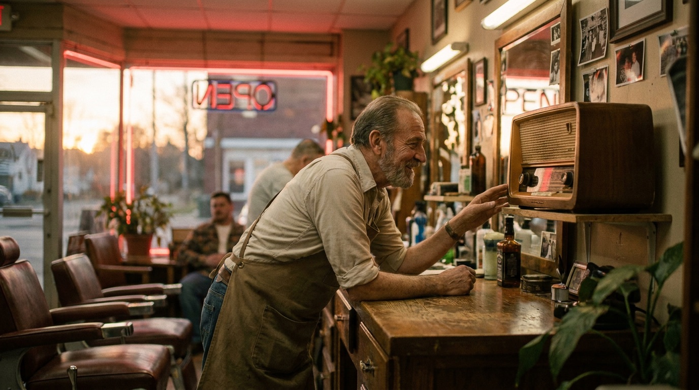 Radio ads for small businesses: barbershop owner listening to the radio at his shop counter