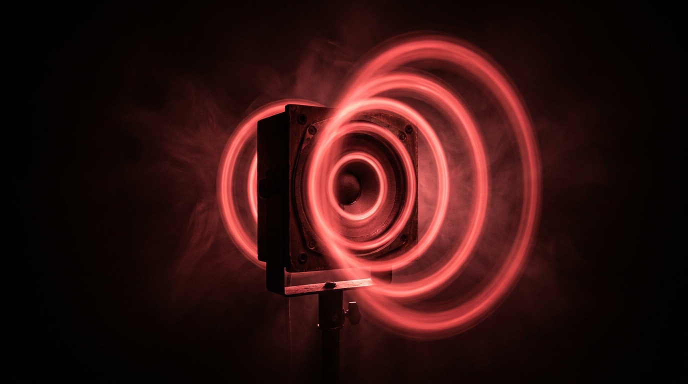Role of sound in advertising: red sound waves radiating from a vintage loudspeaker