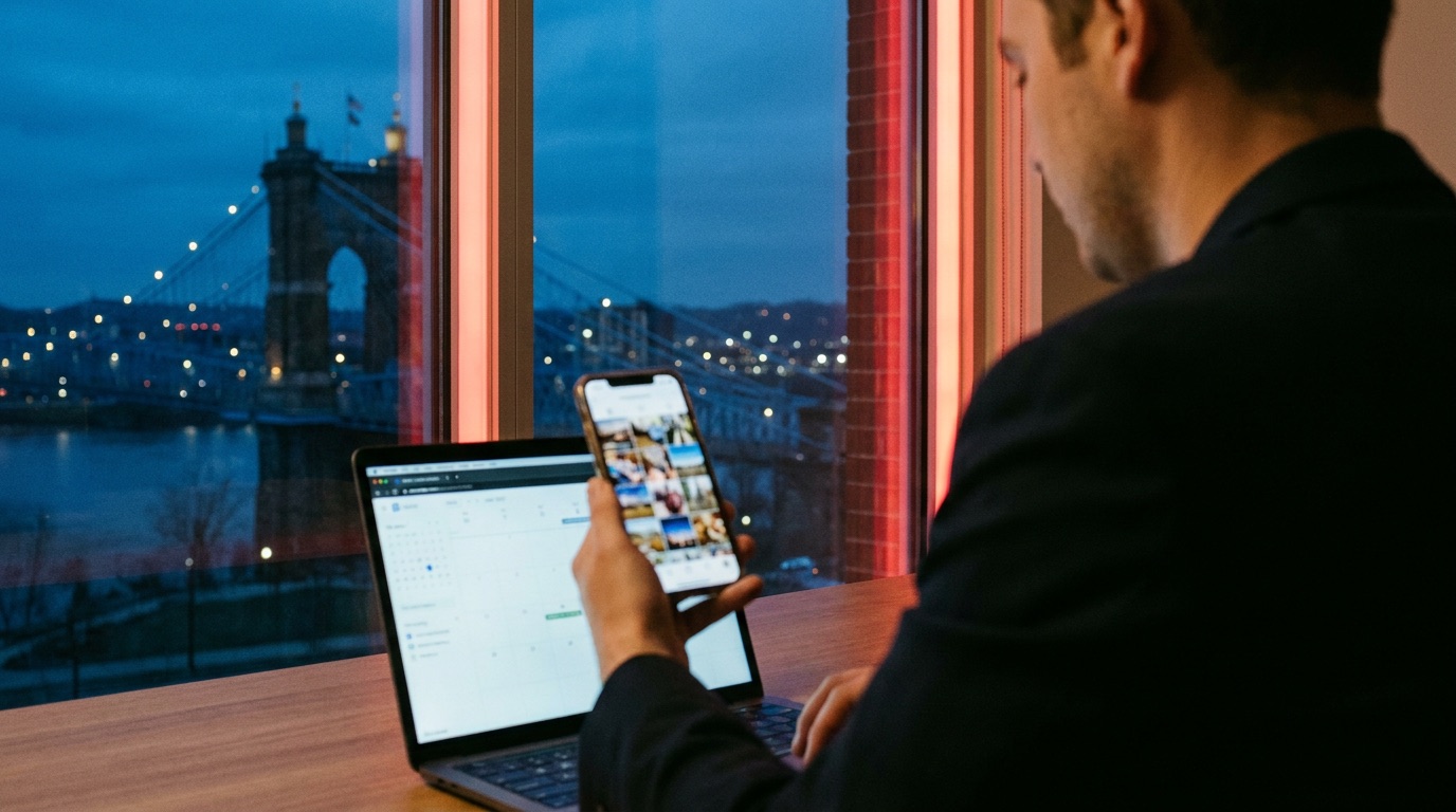 Social media management in Cincinnati: social manager at a desk overlooking the Cincinnati skyline at dusk