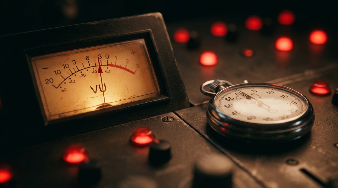 Jingle length timing: analog VU meter and stopwatch on a recording console