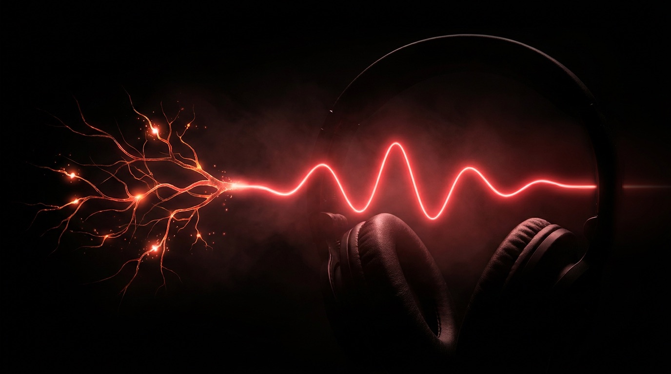 Science of effective jingles: red sound wave connecting to neuron sparks beside studio headphones