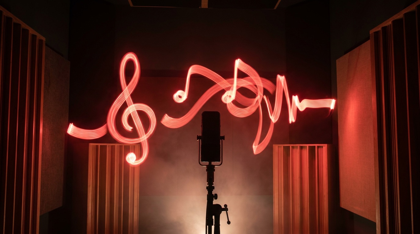 Catchy radio jingles visualized as glowing red musical notes over a studio microphone