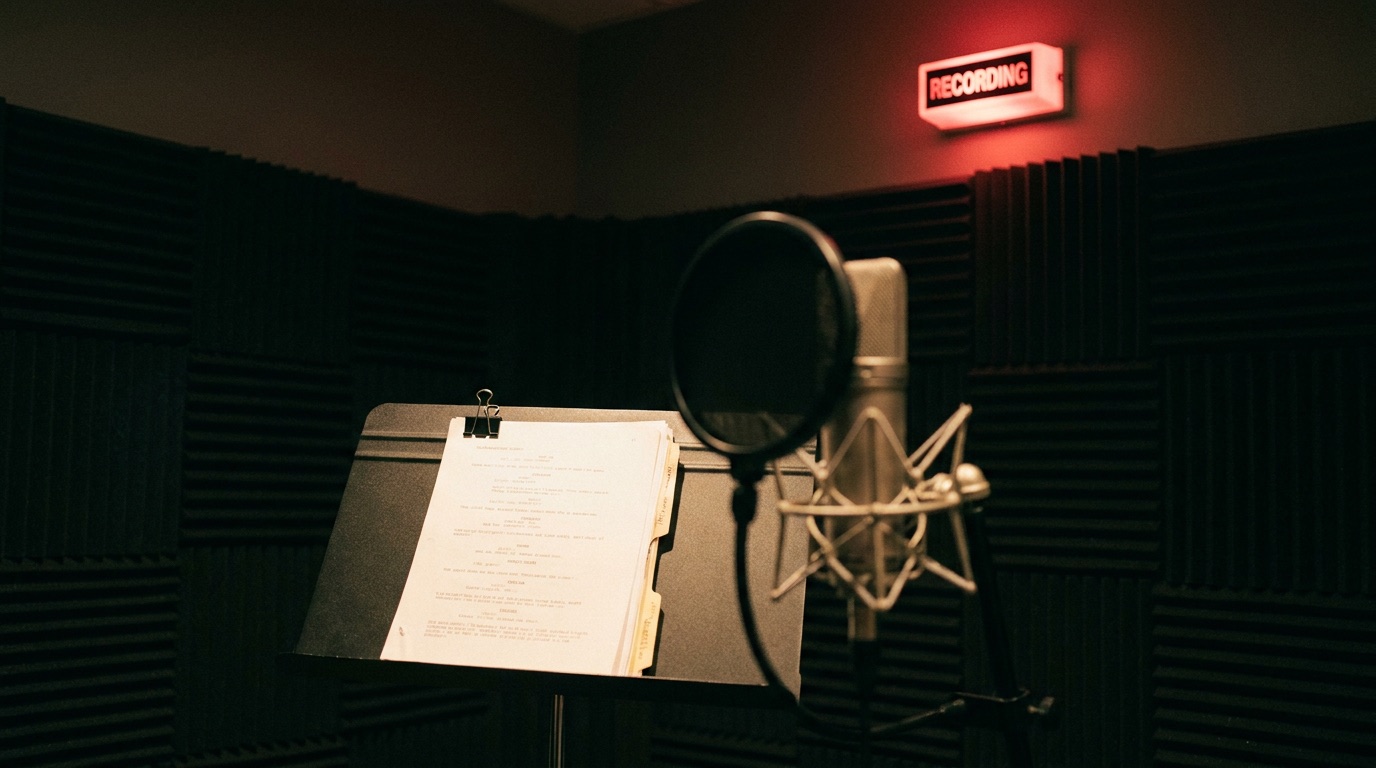 Radio ad script examples: script pages on a music stand in a vocal booth with condenser microphone