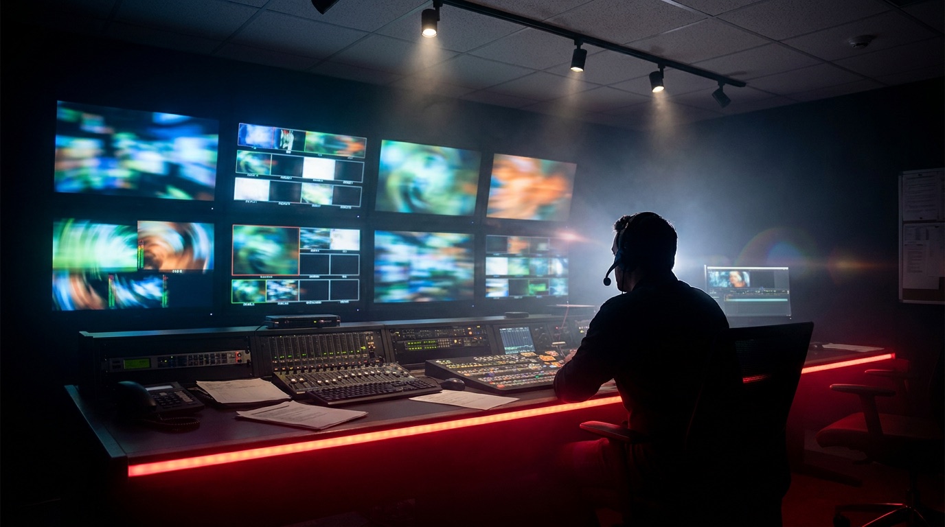 TV ad agency at work: producer in a broadcast control room before a wall of glowing monitors