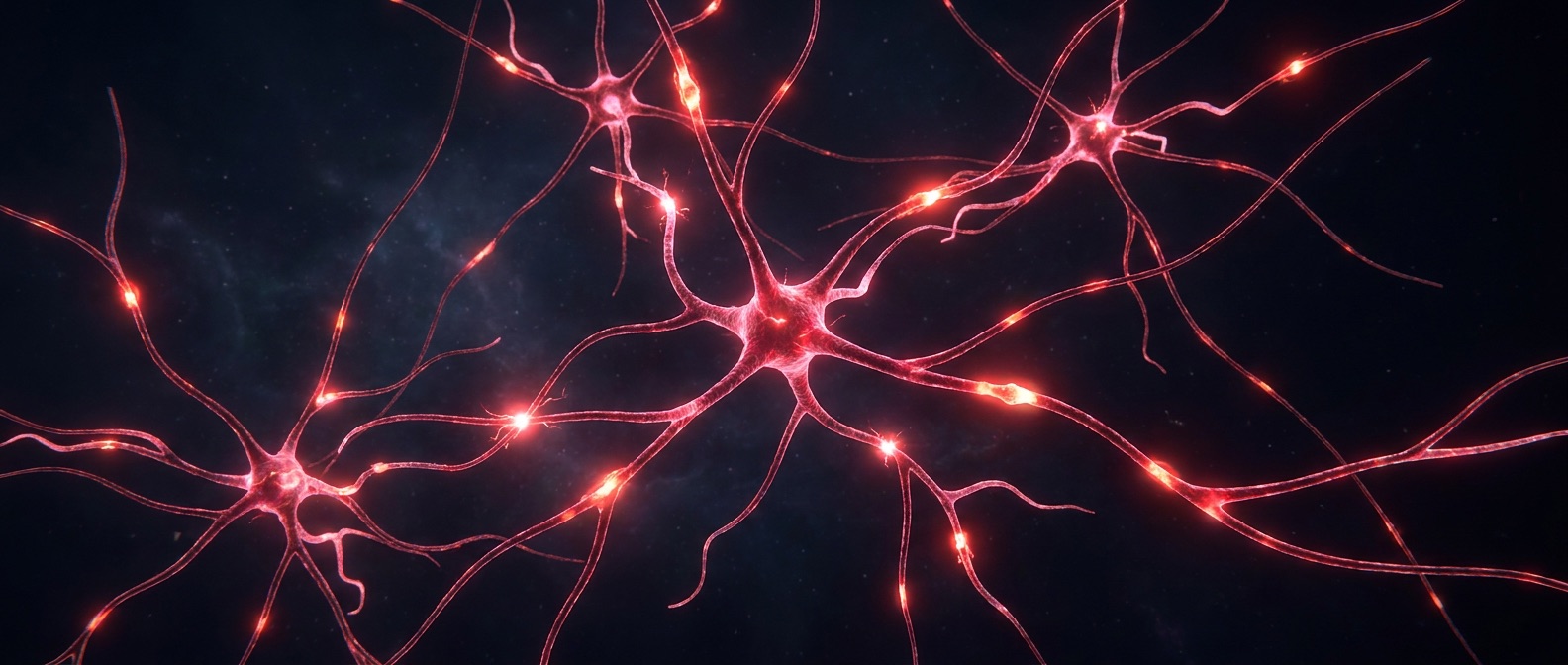 Red neural network of branching light filaments and firing nodes in dark space