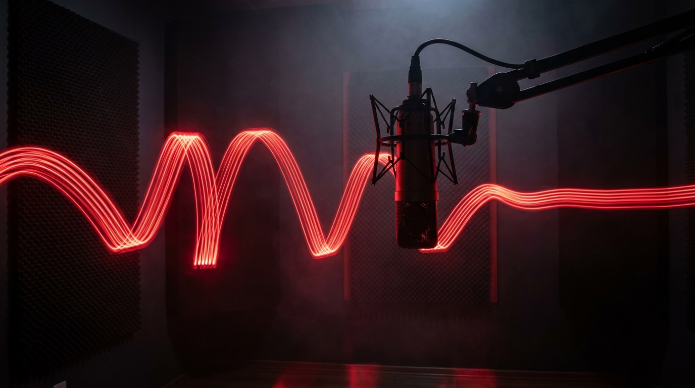 Red sound wave of light flowing through a dark recording studio past a silhouetted microphone