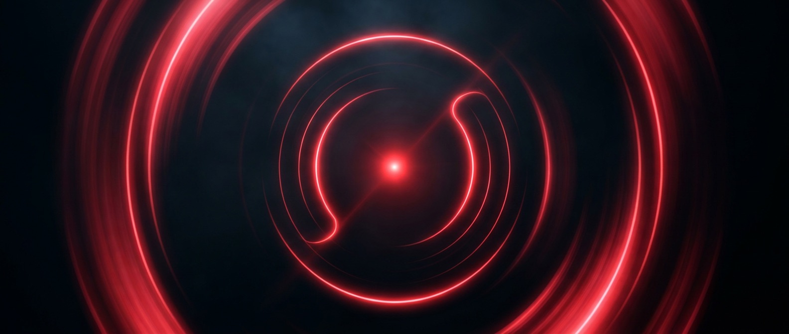 Concentric red light arcs converging precisely on a single glowing point