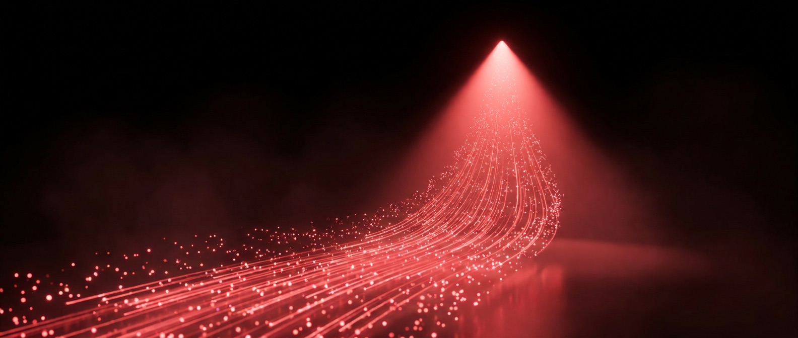 Rising stream of red light particles forming an ascending growth curve