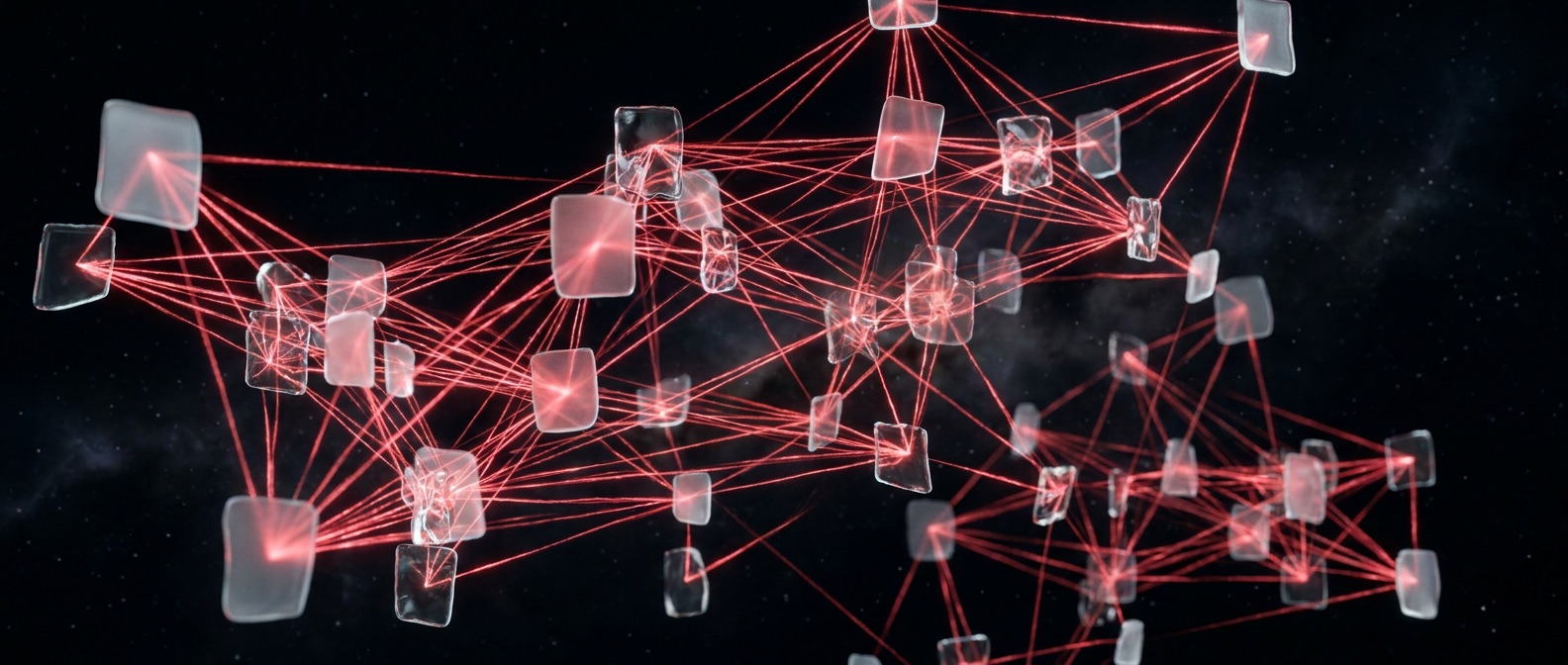 Network of red light threads connecting floating panels like a social graph