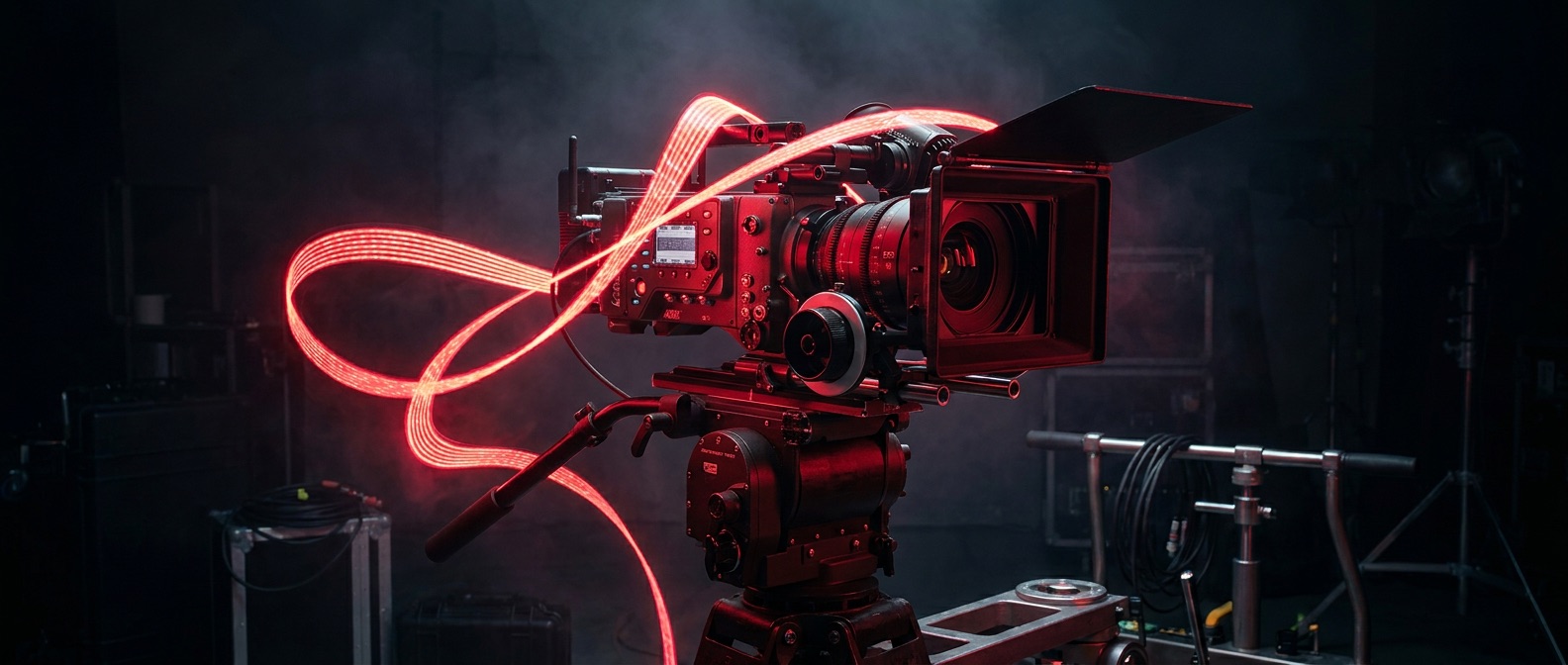 Red light trails weaving around a cinema camera on a dark film set